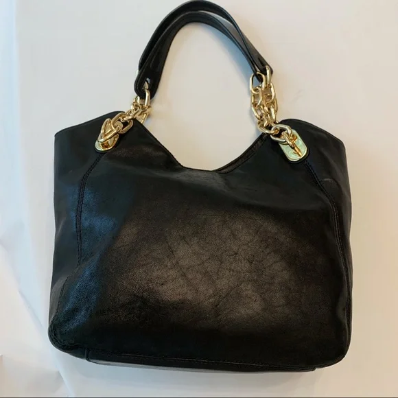 Michael Kors Soft Calf Leather Lillie Chain Tote Black Gold Hardware - Picture 3 of 11